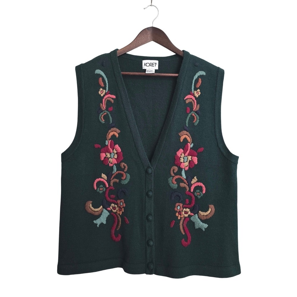 Koret Forrest Green Vintage Embroidered Grannycore Wool Blend Sweater Vest Sz L